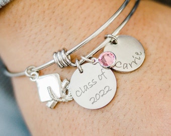 Graduation Gift 2023 Bangle Bracelet, Custom Bangle with Year and Cap Charm,  Present For Grad Senior Students Son Daughter from Mom Dad