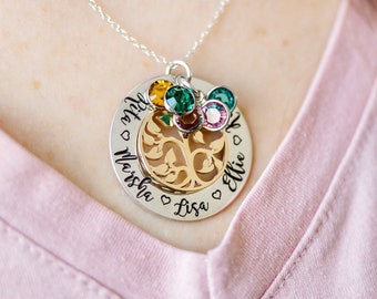 Custom Mothers Day Gift for Mom or Grandmother, Family Birthstone Necklace with Kids Name, Gift for Grandma, Personalized Necklace for Mom