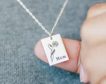 Birth Flower Name Rectangle Mom Necklace, Christmas Wild Flower Necklace, Gift for Mom Grandma, Silver Floral Necklace, Gift for Her