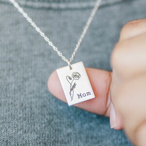 Birth Flower Name Rectangle Mom Necklace, Christmas Wild Flower Necklace, Gift for Mom Grandma, Silver Floral Necklace, Gift for Her