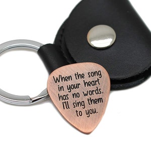 Valentines Gift for Him, Personalized Rustic Finish Guitar Pick with Leather Case, Copper Brass Sterling Silver, Anniversary Boyfriend Gift