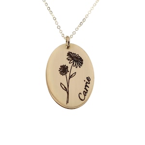 Valentine's Day Oval Birth Flower Necklace, Personalized Flower Necklace Gift for Christmas Gift, Silver Floral Necklace, Gift for Her