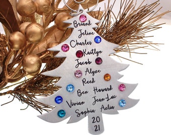 Personalized Family Tree Christmas Ornament, Birthstone Christmas Ornament for Grandma, Grandmother Gift, Custom Metal Grandparents Ornament