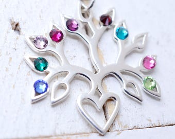 Sterling Silver Family Tree with Birthstones Necklace, Birthstone Necklace for Grandma, Mother's Day Gift Necklace, Gift for Mom or Grandma