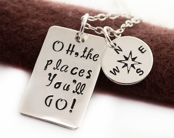 Oh The Places You'll Go Personalized Graduation Necklace, Compass Charm, Latitude Longitude Necklace