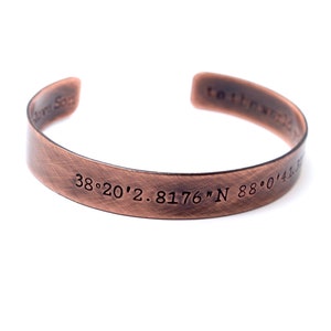 Copper GPS Coordinates Cuff Bracelet, Gift for Men Women, Unisex Custom Phrase Bracelet, Husband Wife Anniversary Gift for Him Her