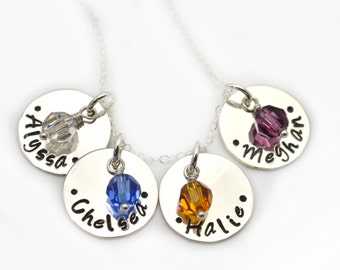 Christmas Gift Necklace, Personalized Birthstone Necklace, Sterling Silver Charm Necklace with Kids Names, Gift for Mom Grandma