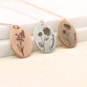 Grandmother's Oval Birth Flower Necklace, Personalized Flower Necklace Gift for Christmas Gift, Silver Floral Necklace, Gift for Her