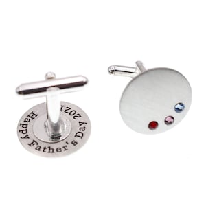 Birthstone Cufflinks Father&#39;s Day Gift for Dad or Grandpa, Round Custom Engraved Men’s Dress Shirt Cufflinks, Swivel Back Cufflinks