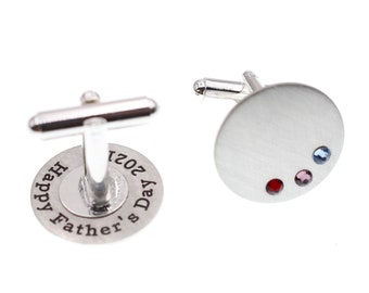 Birthstone Cufflinks Father's Day Gift for Dad or Grandpa, Round Custom Engraved Men’s Dress Shirt Cufflinks, Swivel Back Cufflinks