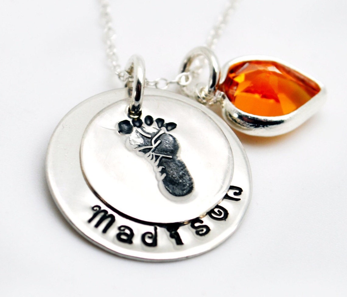 Baby Footprint Necklace Hand Stamped Personalized Necklace Etsy