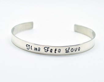 Time.Fate.Love. Personalized Cuff Bracelet, Double Sided Stamping, Sterling Silver, Hand Stamped, Hidden Message, Wedding, Keepsake, Mother