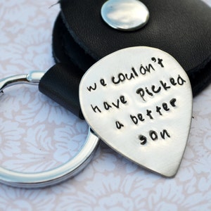 Personalized Sterling Silver Guitar Pick Keychain with Leather Case Guitar Pick Key Chain, Groomsmen Gift, Best Man Gift, Husband Gift image 1