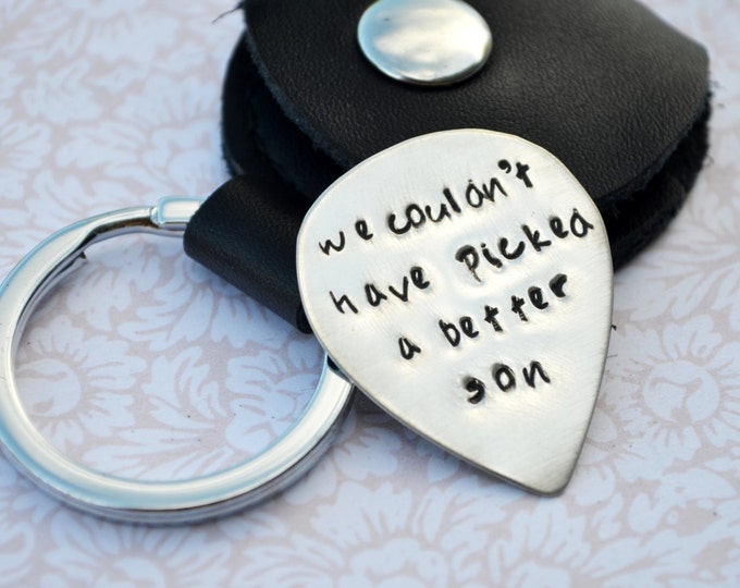 Personalized Sterling Silver Guitar Pick Keychain with Leather Case- Guitar Pick Key Chain, Groomsmen Gift, Best Man Gift, Husband Gift
