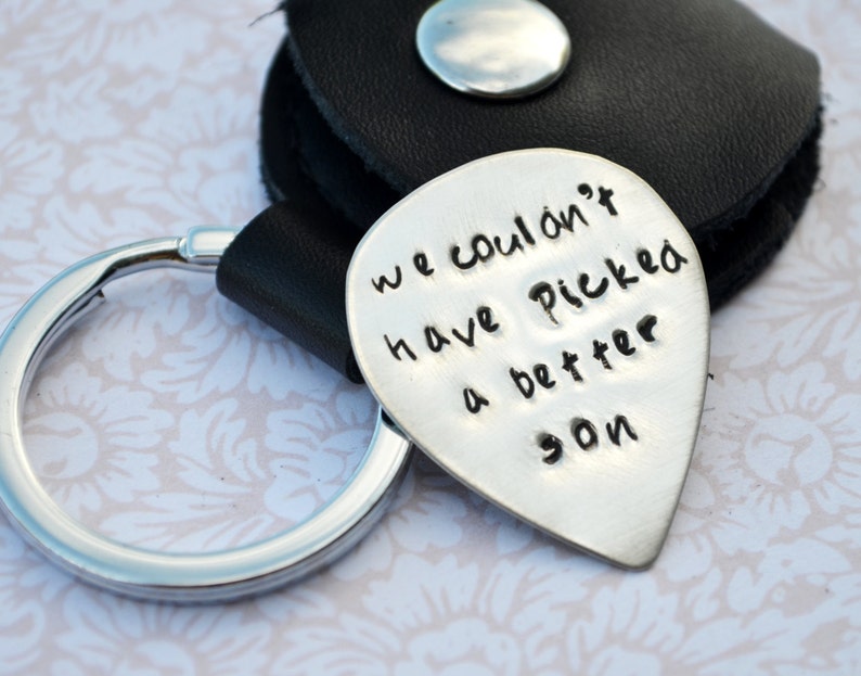 Personalized Sterling Silver Guitar Pick Keychain with Leather Case Guitar Pick Key Chain, Groomsmen Gift, Best Man Gift, Husband Gift image 1