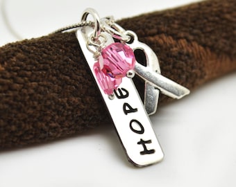 Colar de esperança para conscientização do câncer, joias personalizadas, conscientização do câncer de mama, pingente de fita, câncer de mama, rosa