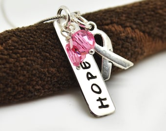 Cancer Awareness Hope Necklace, Personalized Jewelry, Breast Cancer Awareness, Ribbon Charm, Breast Cancer, Pink