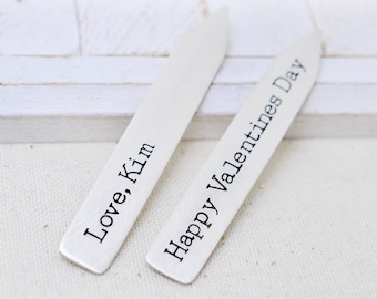 Valentine's Day Gift for Him, Silver Collar Stays, Personalized Collar Stiffeners, Anniversary Gift, Engraved Collar Stays, Husband Gift