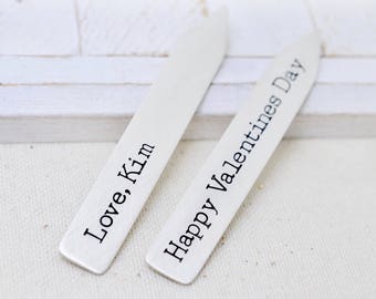 Valentine's Day Gift for Him, Silver Collar Stays, Personalized Collar Stiffeners, Anniversary Gift, Engraved Collar Stays, Husband Gift