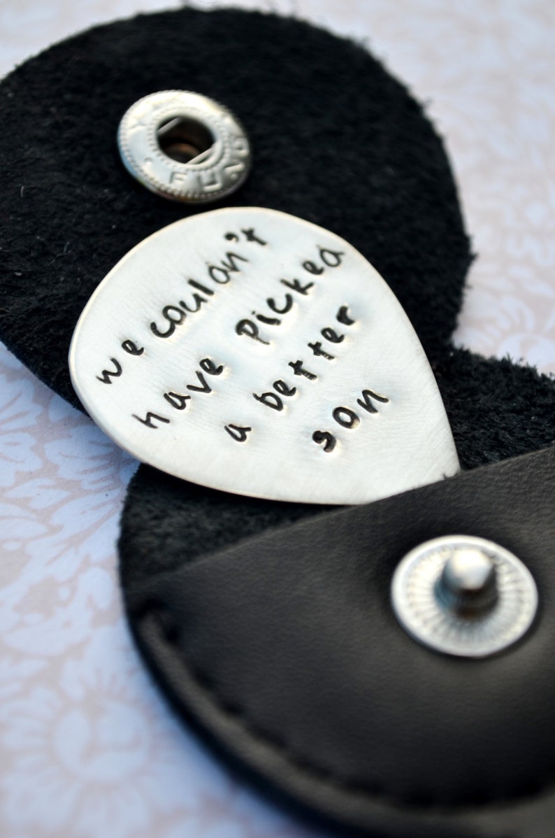 Personalized Sterling Silver Guitar Pick Keychain with Leather Case Guitar Pick Key Chain, Groomsmen Gift, Best Man Gift, Husband Gift image 2