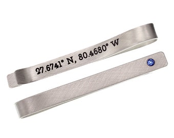 Valentine's Day Gift for Him, Sterling Silver Tie Bar with Custom GPS Coordinates, Wedding Gift for Groom, Birthstone Anniversary Tie Tack