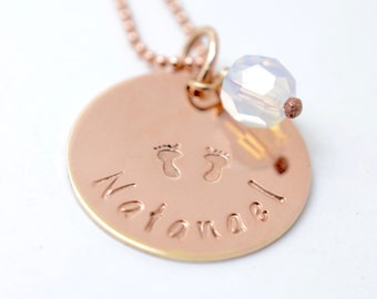 Baby Footprint Rose Gold Necklace, Gift for Mom, Christmas Gift, Custom Mommy Jewelry,  Birthstone Necklace, New Mommy Necklace