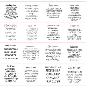 May include: Font options chart displaying various font styles with sample alphabets and numbers. Fonts include Audrey, Bailey, David, Elena, Fox, Ginger, Gothic, Jacob, Nate, Newsprint, Olivia, Paulo, Sal, Scott, Tessa, and Zoe.