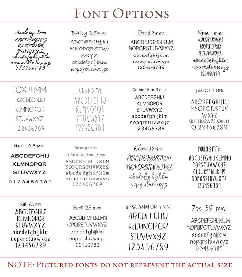 May include: Font options chart displaying various font styles with sample alphabets and numbers. Fonts include Audrey, Bailey, David, Elena, Fox, Ginger, Gothic, Jacob, Nate, Newsprint, Olivia, Paulo, Sal, Scott, Tessa, and Zoe.