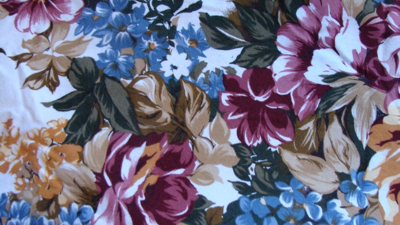 Assorted Roses, Burgundy, Blues, Golds on Heavy White cotton fabric image 1