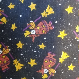 Halloween Flying Witches on a Broom on Black Cotton Fabric BTY