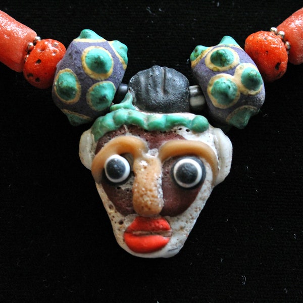 RESERVED/LAYAWAY!!  Phoenician Mask Glass Face Pendant W/Old Venetian Trade Beads, Phoenician Eye Beads, Matte Amazonite & Yoruba Mock Coral