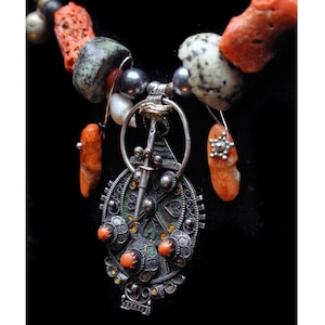 Antique Silver Moroccan Kabyle Enamel Signed Fibula, Ancient Granite, Old Mediterranean Coral, Yemen Bells, Turquoise, Lava, Nepalese Beads
