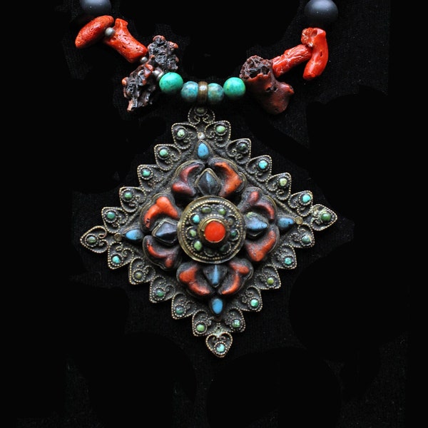 Amazing Old 3 Tier Double Dorje Pendant with Coral and Turquoise