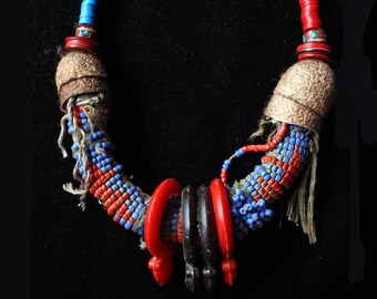 Vintage Old Traditional Kuchi Handcrafted Beaded Bracelet W/Antique Talhakimt/Tandouk Pendants, Silk Pods, Prayer Beads & African Vulcanite