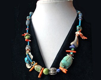 Egyptian Inspired: Egyptian Scarabs, Faience Beads, Mediterranean Coral Branches, Thai Karen Hill Tribe Silver, Old Lapis, Genuine Turquoise