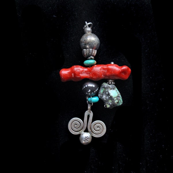 Balance:  Horizontal Coral Branch, Yusir Bead, Turquoise Disk, Karen Hill Tribe Silver Spiral, Turquoise Nugget