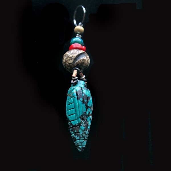 Magic Moon:  Fluted Tribal Blue Corn Turquoise Bead, Carved Conch Shell w Mani Mantra and Red Coral