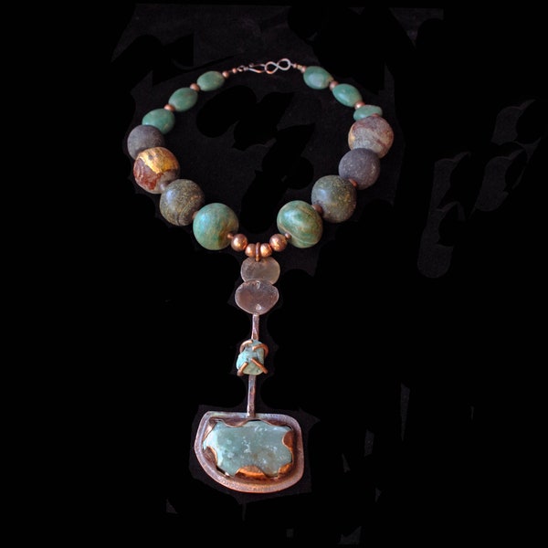 HandForged Copper w Set Calcite: African Copper, Genuine Guatemalita Jade, BuddhaBeads, Old Whorl Beads, Aventurine, Old Ghanaian Clay Beads