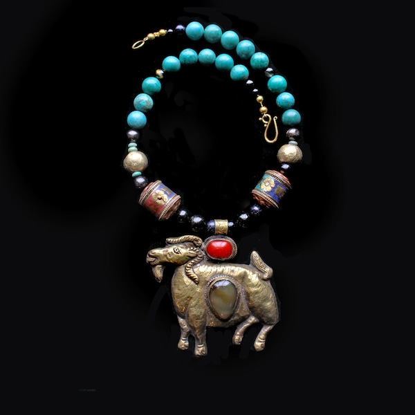Old Tibetan Repoussé Spirited Brass Billy Goat Pendant Set w/Agate and Cherry Cabs: Decorated Prayer Wheels, African Brass, Onyx & Turquoise