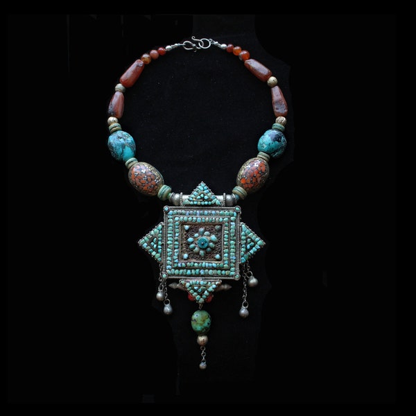 Huge Old Tibetan Ghau, Genuine Turquoise, Mosaic Tibetan Beads, Prayer Beads, Ancient Carnelian, Yoruba Gilded Brass & Old Turkomen Silver