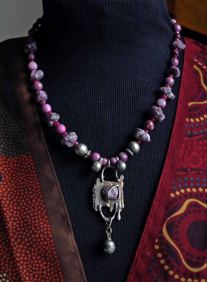 Genuine Ruby Nuggets /& Pink Gems Set in Oxidized Sterling Silver WSilver Bell Dangle:Old Turkmen Silver Beautiful Madagascar Natural Ruby