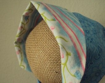 Darbys Baby Bonnet protects ears from wind and face from sun--tourquoise reverses to striped trellis  OOAK  ready to ship