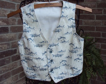 Boys Vest--Grandpas Little Fisherman--Darbys vest--OOAK  cream colored vest with blue fish