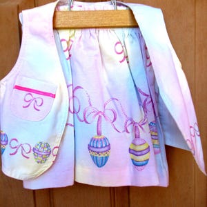 skirt and vest Easter outfit, border print of colored eggs,