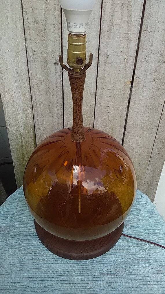 Vintage Mid Century Amber Glass Large Table Lamp