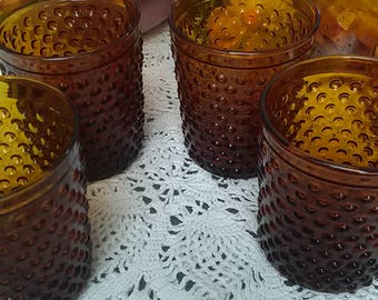 Vintage Set of 4 Amber Hobnail Juice Low Ball Whiskey Glass Bar Glasses