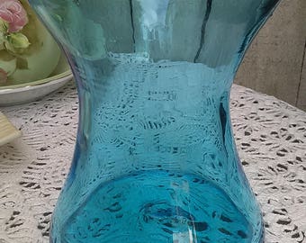 Vintage Coastal Aqua Blue Hand Blown Glass Vase Wedding Decor Free Shipping