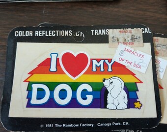 NOS New Old Stock Rainbow I Love My Dog I Love My Cat Decal 1981 The Rainbow Factory