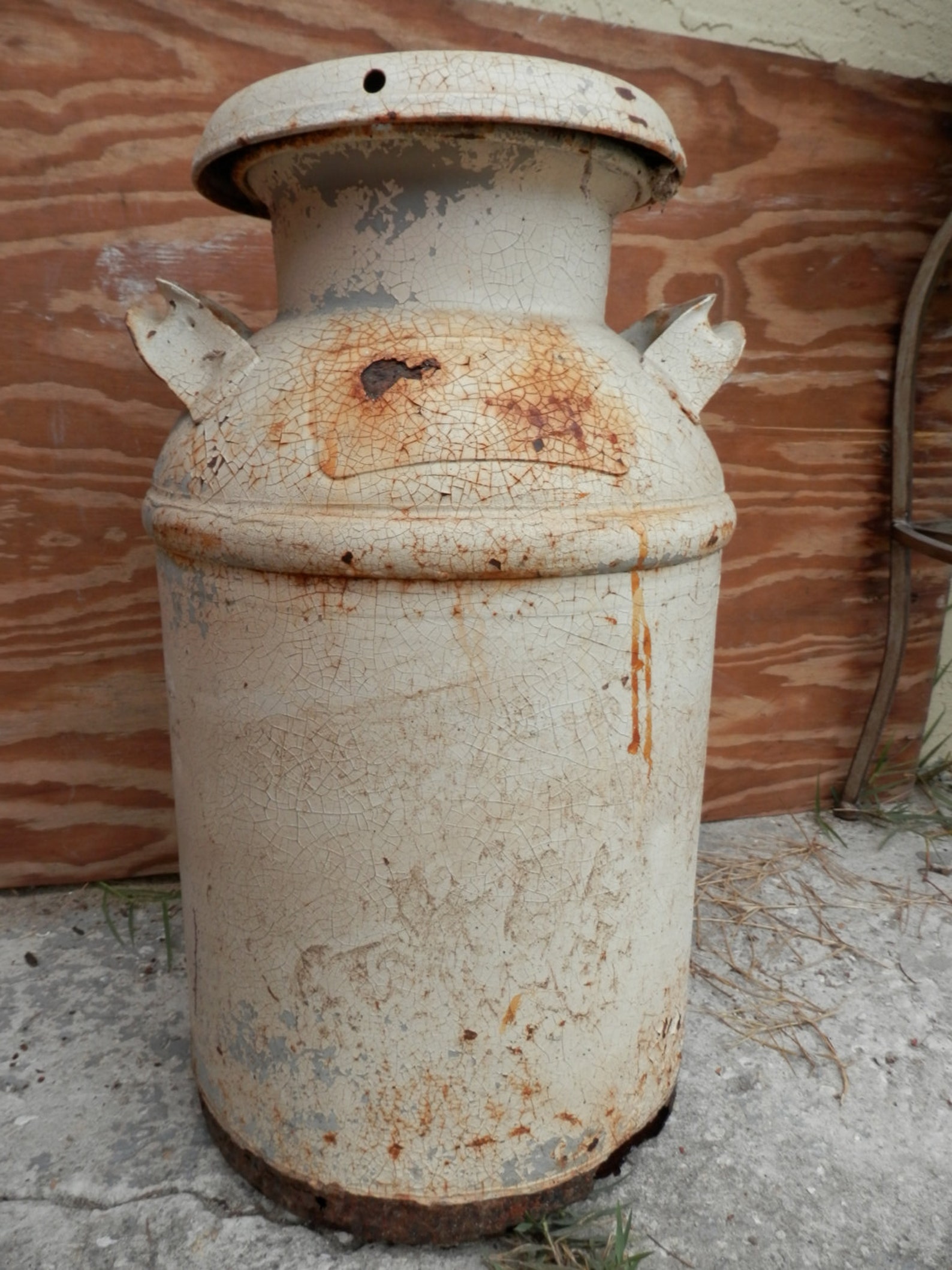 Antique metal milk can milk jug with lid old white chippy Etsy