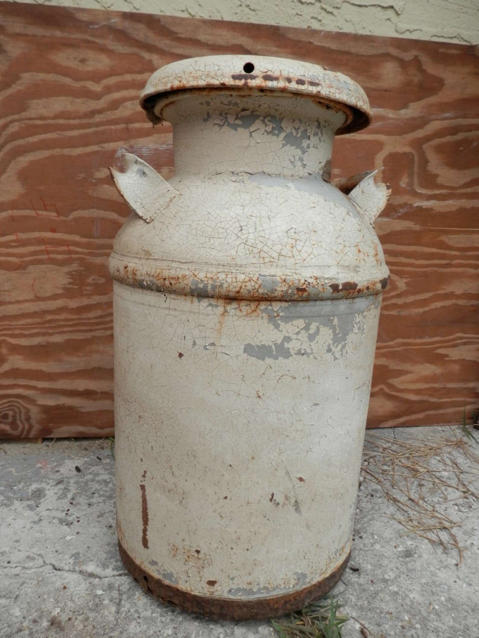 Antique metal milk can milk jug with lid old white chippy Etsy